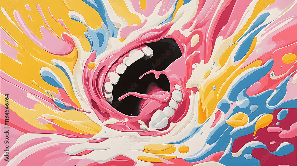 Poster a vibrant abstract artwork featuring a large mouth surrounded by colorful splashes, conveying a sens