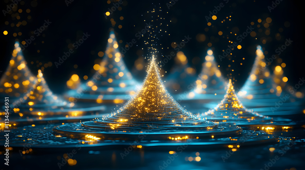Poster a mesmerizing scene of sparkling water droplets creating peaks and ripples, illuminated by golden li