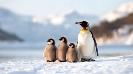 Fototapeta premium Penguin family huddled together against a snowy landscape, heartwarming National Penguin Day moment
