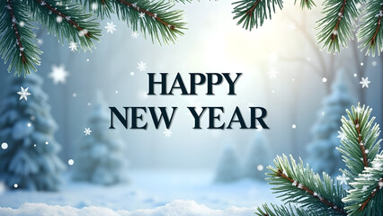 Happy New Year greeting card with winter landscape. Concept of celebration, holiday, and new beginnings.
