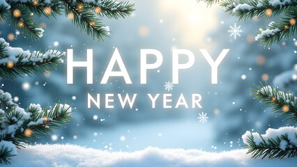 Happy New Year greeting card with snow and fir branches. Concept of celebration and holiday.