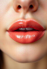 Fototapeta premium healthy human lips with peach glossy and shiny lipstick , Skincare and beauty and a cosmetic concept, close-up, with white tones