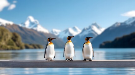 Obraz premium Penguins interacting in their natural habitat, snowy mountains in the distance, National Penguin Day theme