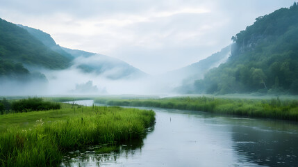 "Serene River Flowing Gently Through Lush Green Valley, Nature&rsquo;s Peaceful Embrace of Tranquility Awaits"