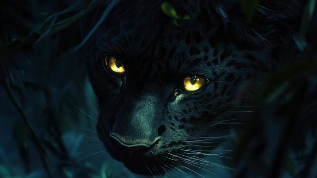 Mysterious black leopard hiding in shadows, eyes glowing, jungle foliage all around