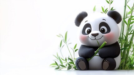 Fototapeta premium Playful Panda Enjoying Bamboo on Minimalist White Background