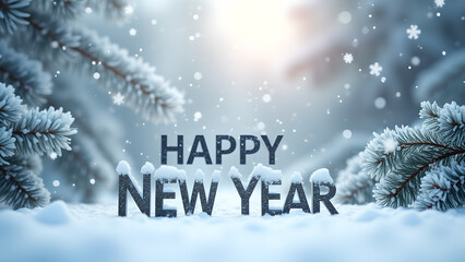 Happy New Year text in snow with snowy fir branches. Concept of celebration and winter holidays.