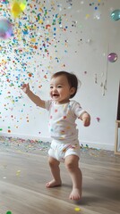 Fototapeta premium A little one discovers the magic of confetti, giggling with delight as colorful pieces rain down around them. 