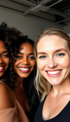 Fototapeta premium Happy women with different skin tones smiling at the camera in a studio, photo, with white tones