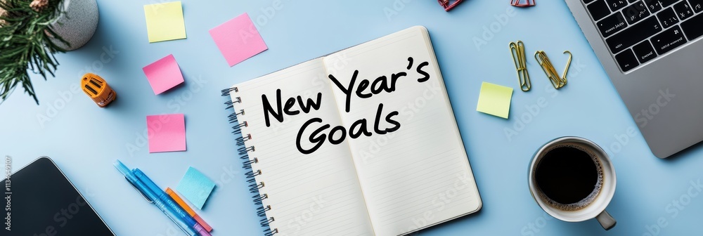Poster A workspace scene featuring a notebook open to 'New Year's Goals,' surrounded by colorful sticky notes, writing tools, a laptop, and a cup of coffee, symbolizing productivity and planning.