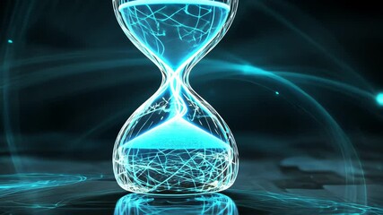Neon particle hourglass with dynamic energy swirls and electric blue themes