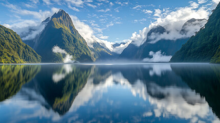 Fototapeta premium Serene Fjord Reflection at Sunrise, Tranquil Milford Sound Landscape