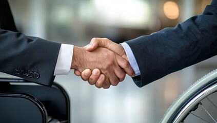 Close-up of two business people shaking hands, one in an office setting and the other sitting in a wheelchair