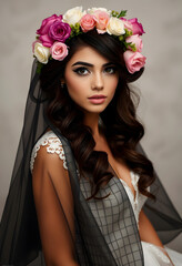 Naklejka premium Fashion Beauty Model Girl with Flowers Hair. Bride, with white tones