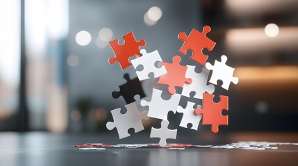 Artistic 3D rendering of puzzle pieces floating in mid-air, dynamic National Puzzle Day concept