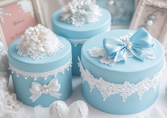 Delicate Blue Gift Boxes: Three charming, round, blue gift boxes adorned with lace, bows, and pearls. Perfect for capturing a sense of elegance and sophistication.  