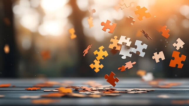 Artistic 3D rendering of puzzle pieces floating in mid-air, dynamic National Puzzle Day concept - Powered by Adobe
