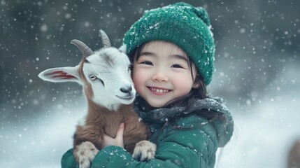 Happy girl hugs a cute goat in snowy winter.
