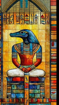 Colorful Egyptian mural depicting a seated figure with an animal head and hieroglyphics in a historic setting