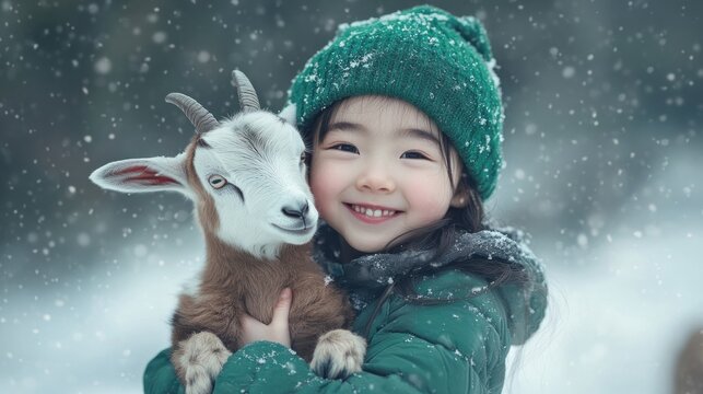 Happy girl hugs a cute goat in snowy winter.