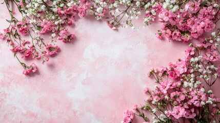 Pink Floral Frame: Delicate pink and white blossoms create a romantic floral frame on a soft pink background. Use this image for wedding invitations, baby announcements.