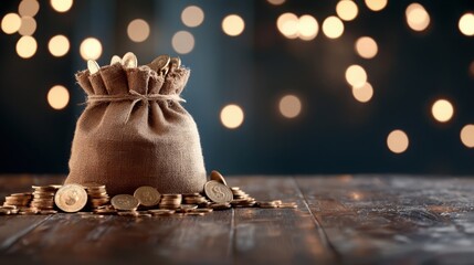 A burlap sack filled with coins sits on a wooden surface, illuminated by soft, blurred lights in the background, creating a warm, inviting atmosphere.