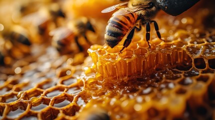 A close-up of bees working on honeycomb, showcasing their natural habitat and behavior.