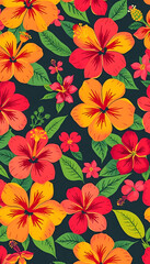 Fototapeta premium A vibrant floral pattern with red, orange, and yellow hibiscus flowers, creating a tropical and lively background perfect for summer designs
