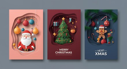 Fototapeta premium Various Christmas, New Year card and banner collection: Santa Claus, Christmas tree, snowman, reindeer, ornament, xmas elements and decorations and many more
