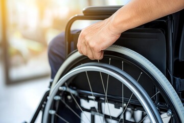 Obraz premium Close-up of a man's hand holding a wheelchair in a hospital setting