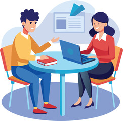 Partners meeting for business discussion with documents and laptop on desk. Couple at round table, speaking, discussing work, partnership. Flat vector on a white background