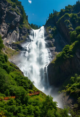 Fototapeta premium A high-definition image capturing the majestic beauty of a towering waterfall cascading down a rugged cliff, surrounded by lush greenery, isometry, with white tones