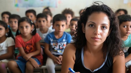 Obraz premium Teacher looking at camera with children in classroom.