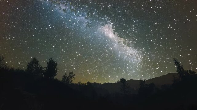 Night sky filled with stars and faint Milky Way, dark and vast, mysterious and infinite, cosmic and serene, natural beauty of the universe.