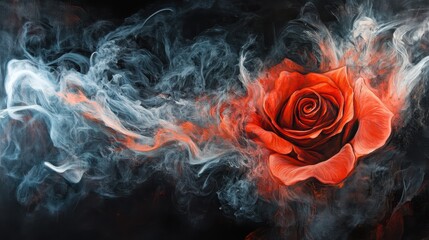 A fiery rose emerges from swirling smoke and dark hues
