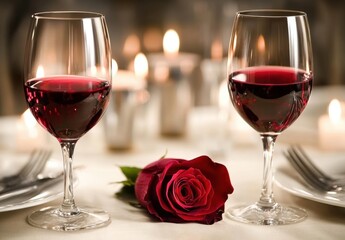 Romantic Dinner Setting With Wine And Rose