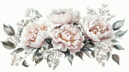 Watercolor Painting of Elegant Peonies and Baby Breath Flowers
