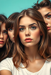 Group of serious beautiful teenage girls looking at the camera, pop art, with white tones