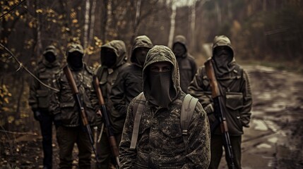 Fototapeta premium Group of masked individuals in camouflage clothing standing in rugged terrain with weapons, symbolizing resistance and rebellion, strong determined expressions.