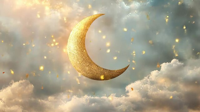 Golden crescent moon amidst dreamy clouds and twinkling stars