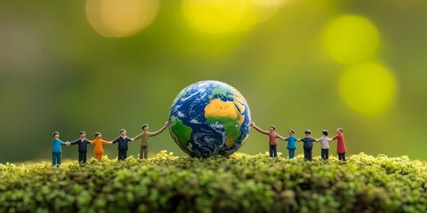Naklejka premium Miniature people holding hands around an Earth globe on mossy ground