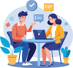 Partners meeting for business discussion with documents and laptop on desk. Couple at round table, speaking, discussing work, partnership. Flat vector on a white background