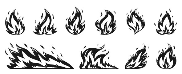 Fire flames with sparks big set. Black fireball, heat wildfire, fiery bonfire, blaze campfire, ignition elements on white background. Natural gas flaming symbols. Energy and power signs for stamp