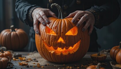 A grinning, orange jack-o-lantern with a carved, spooky face sits isolated on a dark background, a classic symbol of Halloween