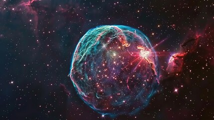 Illustration of a space cosmic background of supernova nebula and stars, glowing mysterious universe