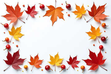 autumn leaves berries flowers form colorful pattern white background flat lay