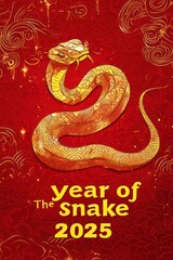Obraz premium Golden snake on red background, Year of the Snake 2025.