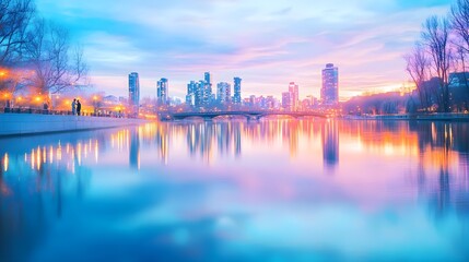 Fototapeta premium cityscape sunset reflection, calm river - pastel color palettes