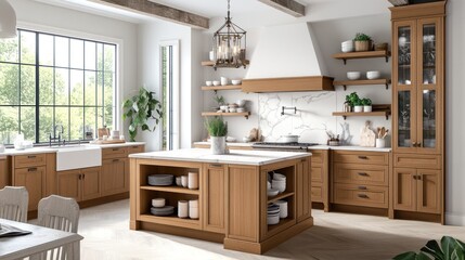 Sunlit kitchen with island, wood cabinets, open shelving, and farmhouse style.