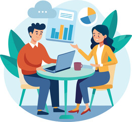 Partners meeting for business discussion with documents and laptop on desk. Couple at round table, speaking, discussing work, partnership. Flat vector on a white background